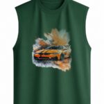 Orange Sports Car Splash Dark Green Sleeveless Vest