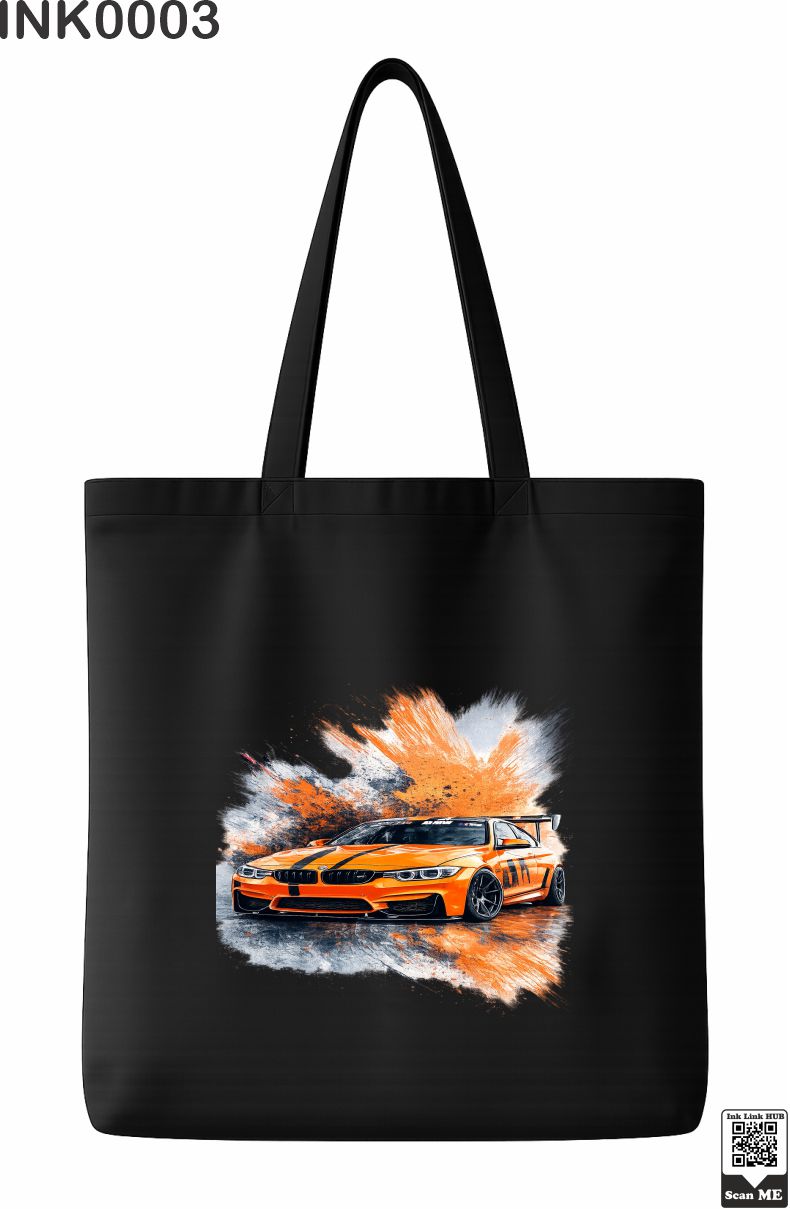 0 (1) Orange Sports Car Paint Splatter Black Tote Bag - Image 1
