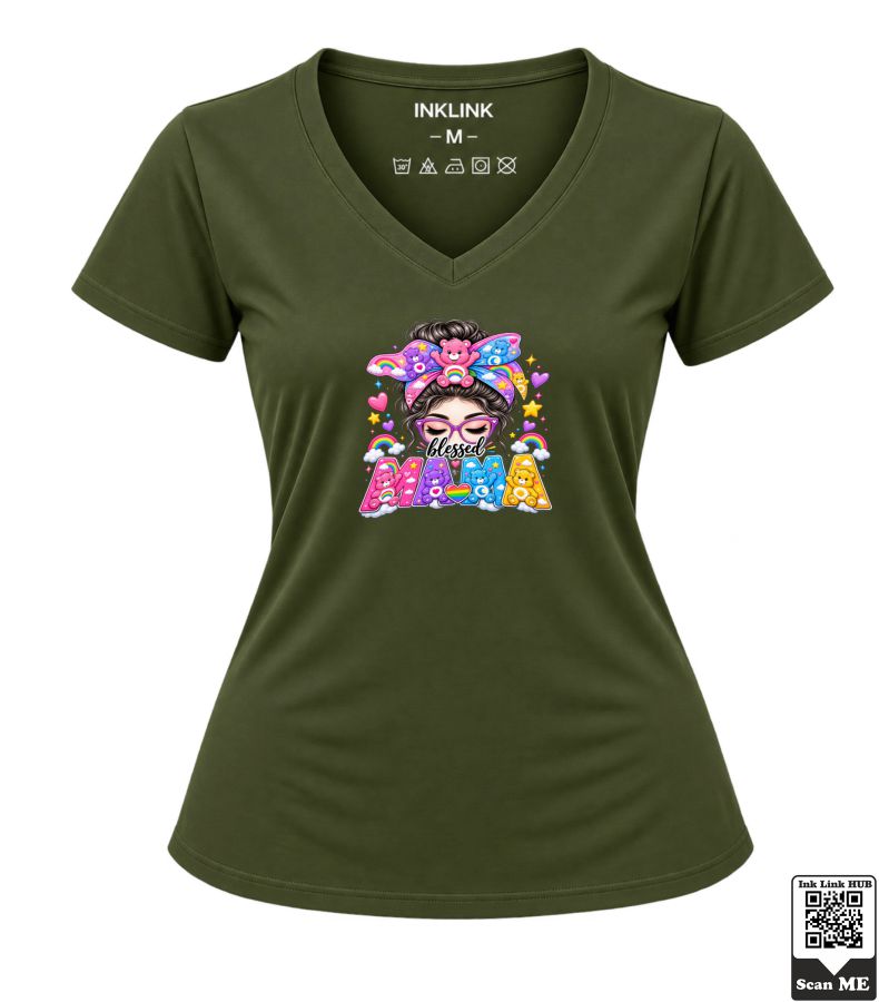 Bitmap (5) Blessed Mama Care Bears Women's Red V-Neck T-Shirt - Image 1